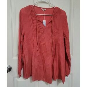 Elsie & Zoey Coral Pink Cotton Gauze Pintuck Tie Neck Blouse Size M NEW